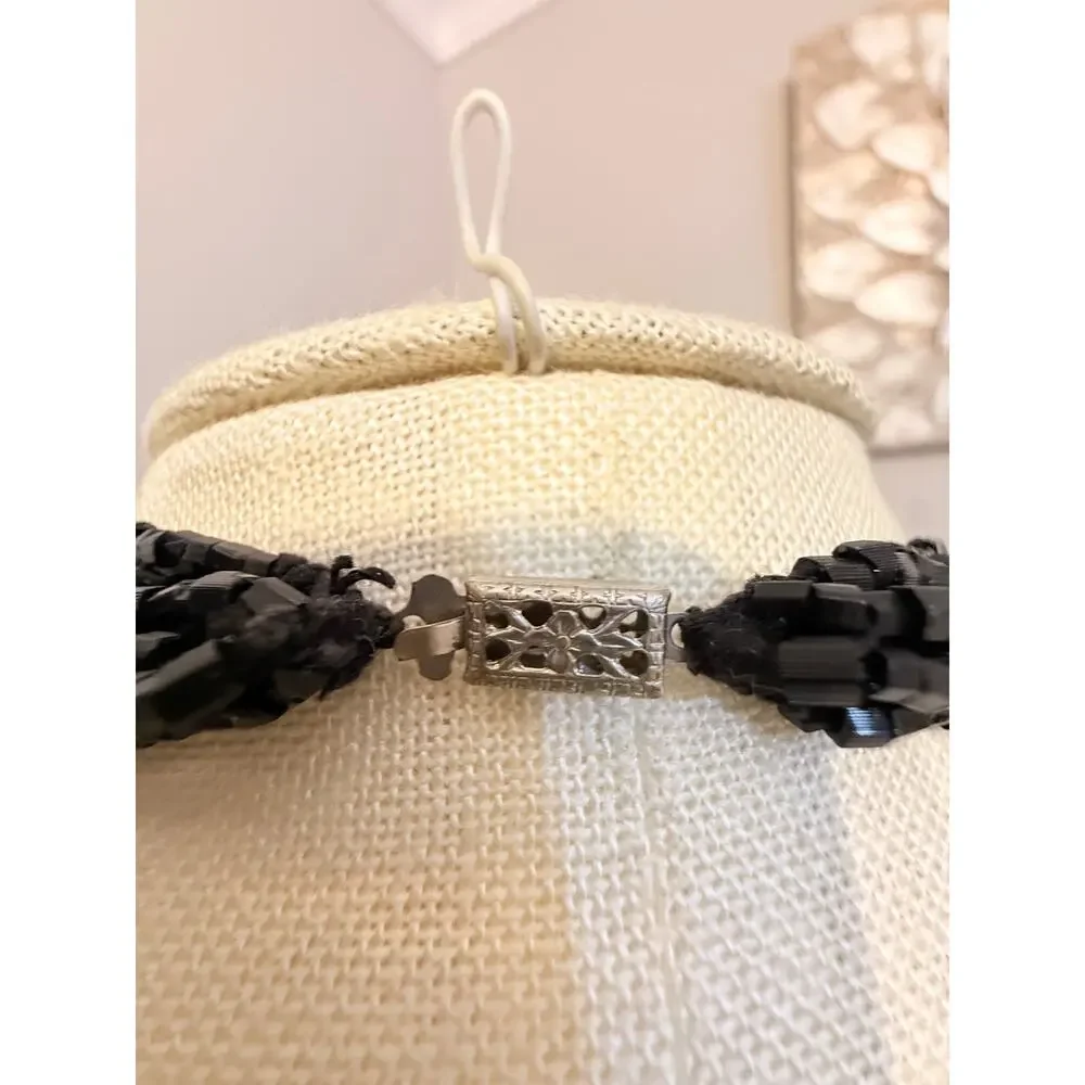 Vintage Black Multi Strand Cube Bead Statement Necklace 18”